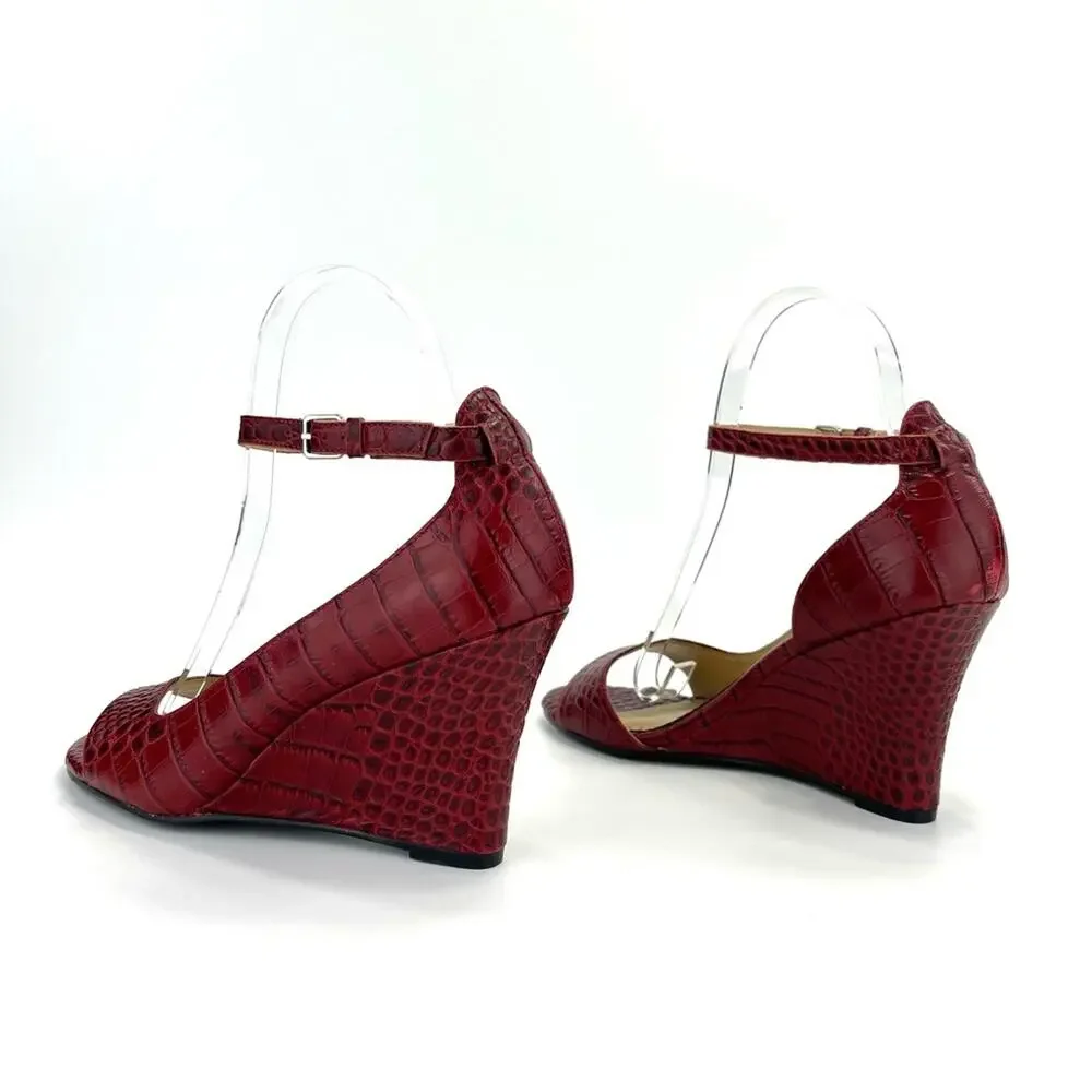 Anthropologie/Farylrobin D'Orsay Wedge Sandal Sz 7 Red Leather Embossed Open-Toe
